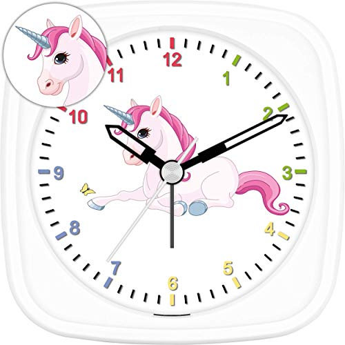 Eurotime Wecker für Mädchen mit Einhorn, Weiß, Kinderwecker, Kunststoffgehäuse und Kunststoffglas, geräuscharmer Wecker, kein Ticken, mit Licht und Weckwiederholung, 27015-00