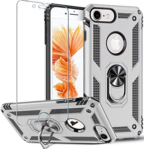 Folmeikat iPhone 8/7/6s/6 Case with Screen Protector, 360° Rotating Metal Ring, Tough Case, Silver