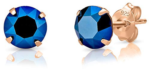 Orecchini Blu Donna Argento 925 Placcati Oro Rosa 18K con Brillantini di Cristallo - Orecchini a Perno Oro Rosa - Classici, Eleganti, Ipoallergenici per Pelli Sensibili - Diametro 6 mm