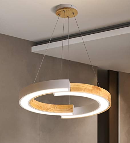 Pendelleuchte Holz LED Esstisch, Hängeleuchte Esszimmer, Holzlampe Rund, Weiß Metall Acryl Schirm, Kronleuchter Einstellbar für Wohnzimmer Studie Küchen bar Modern Ring Deko beleuchtung, L48cm (3000K)