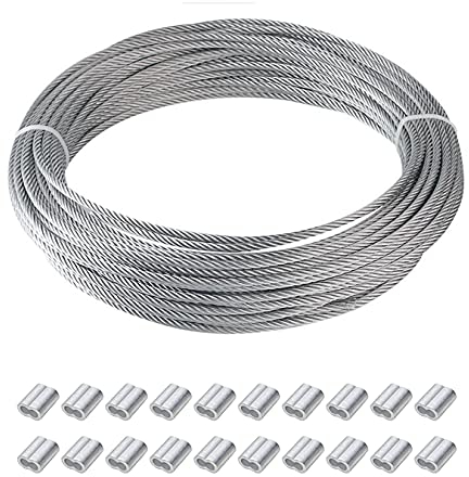 aufodara 15M Stainless Steel Wire Rope 2mm PVC Coated Cable Rope, Picture Hanging Wire, Garden Wire, with 20Pcs Aluminum Crimping Sleeves (15M)