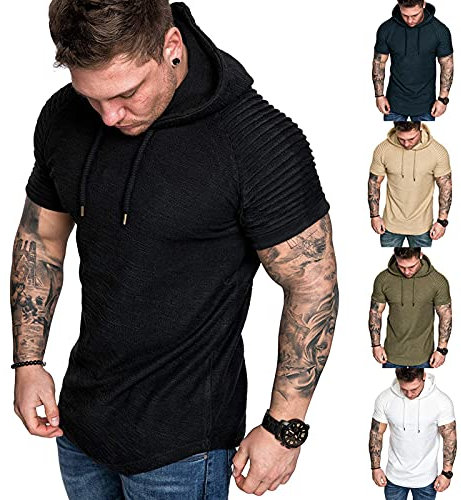 Mens Short Sleeve Hoodie T-Shirt-Casual Sports Hooded Short Top Black XL