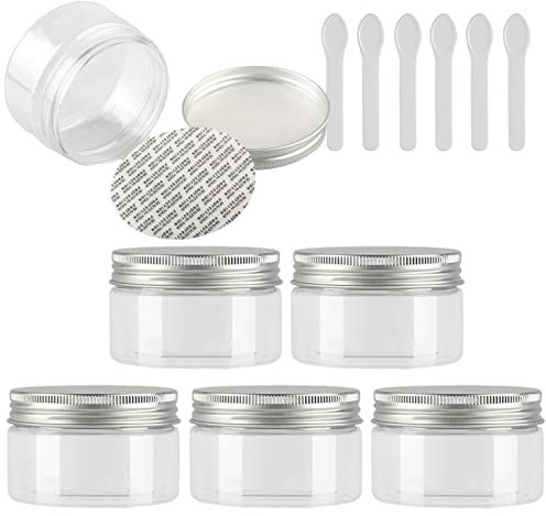 TIANZD 6 Pièces Vides Petit 100 ml Transparent Cosmétique Pot en Plastique avec Couvercle Argent 100 g Pots de Cosmétique Crème de Bouteille Contenant avec 6x Spatules