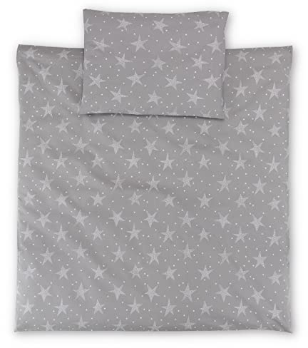 FabiMax Bettwäsche-Set 2-teilg, 80x80 cm Deckenbezug und 30x40 cm Kissenbezug, passend für Beistellbett, Wiege und Stubenwagen, weiße Sterne auf grau