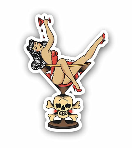 AMA SHOP Aufkleber Pin Up sexy in Cup mit Totenkopf Vintage aus PVC für Wandsticker Auto Motorrad Wohnmobil Boot