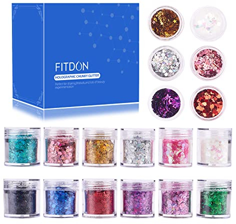 FITDON Glitzer Holographische Chunky Pailletten Set, 12 Farben Gesicht Körper Augen Haare Nägel Festival Makeup Glitzers & 6 Boxen Schmetterling Stern Herz Glitter Sequins