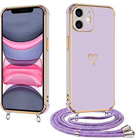 E-Lush Handyhülle für iPhone 11 Hülle mit Band, Herz Love Muster Galvanik Silikon Handy Hülle für iPhone 11 6.1 Zoll Schutzhülle mit Kordel zum Umhängen Kameraschutz Stoßfeste Case, Lila
