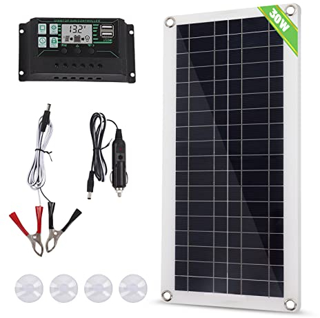 Panneau solaire 30 W, chargeur 30 A, kit de régulateur de tension en silicium polycristallin pour voiture, camping-car, bateau, remorque, kit de régulateur de charge, kit de panneau solaire