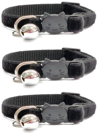 Velvet Cat Collars with Bell. Safe Breakaway Quick Release Buckle. Available in Cat & Kitten Size (Pack of 3) (Kitten Collar (15cm - 23cm), Black Velvet (Pack of 3))