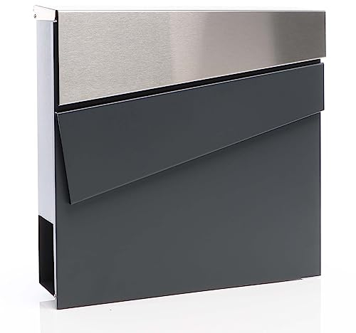 XPOtool Briefkasten V58 Anthrazit und Edelstahl 370 x 105 x 370 mm, Wandbriefkasten mit Schloss, Soft Close Klappe und Zeitungsfach, Postkasten aus Stahl pulverbeschichtet
