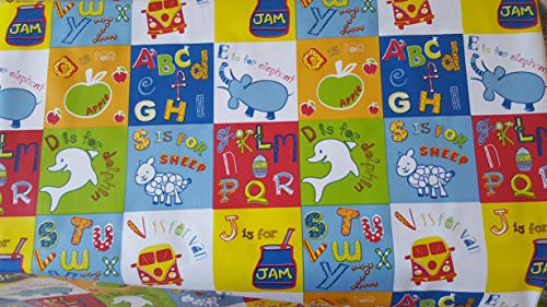 Childrens Alphabet ABC Nursery PVC Table cloth Multi coloured Animals Fruits Red Blue Yellow Green PVC Plastic Vinyl Oilcloth Wipe Clean Schools Kids Party Table Cloth Width 140cm - Sold by metre