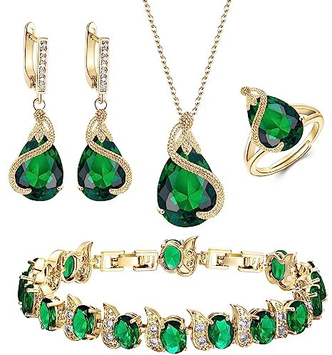 Ever Faith Women's Jewelry Set Green Jewellery Sparkly Cubic Zirconia Birthstone Teardrop Necklace Earring Bracelet Ring Sets for Women Birthday Gifts 4 PCS Gold-Tone