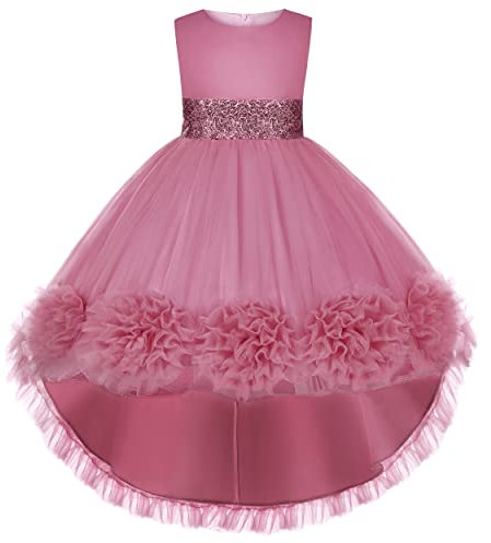 BUNNY LULU Robe pour Filles à épaule inclinée pour Demoiselle d'honneur, Princesse de Mariage, nœud d'anniversaire pour Enfants, soirée de Bal de fête de Boule (Rose 9-10 Ans)