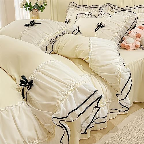 IHOUSTRIY Kinder-Bettwäsche-Set für Doppelbett, Rüschen-Bettwäsche-Set mit Fliege, 2-teiliges Bettdeckenbezug-Set mit Reißverschluss, Mädchenbettwäsche mit Kissenbezug – Cremegelb, Doppelbett,