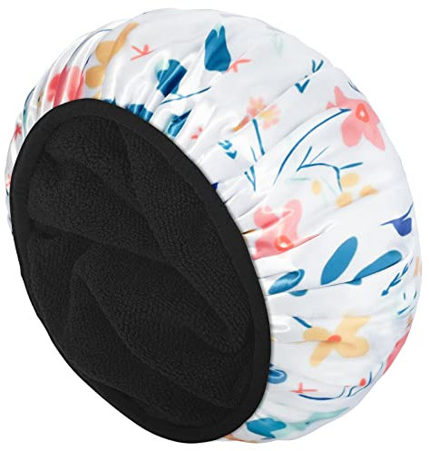 Aquior Shower Cap,Extra Large Triple Layer Bathing Cap with Dry Hair Function for Women Microfiber Terry Cloth Silky Satin 100% Waterproof Reusable Long Hair Bath Caps(Flower)