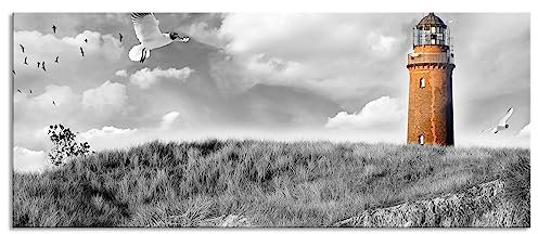 Pixxprint Glasbild Panorama, Wandbild aus Echtglas, Möwen fliegen am Meer vor Leuchtturm B&W Detail, 100x40 cm, inkl. Aufhängung und Abstandshalter
