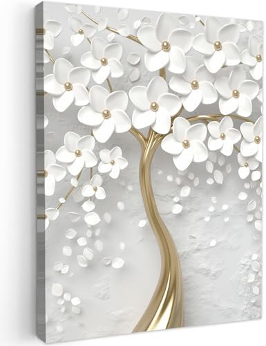 MuchoWow© Impression sur Toile Decoration Murale Peinture 50x70 cm Tableaux Decoratifs Muraux Décoration Chambre Arbre - Fleurs - Or - Blanc