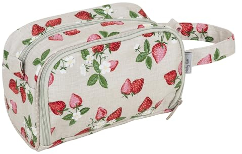 Hobby Gift Exklusive Häkeltasche, 100% weiche Baumwolle, Häkelnadeletui mit Reißverschluss, Garnöse, Garnhalter, Häkeltasche, Baumwollgriff, 21 x 24 x 10 cm – Erdbeeren