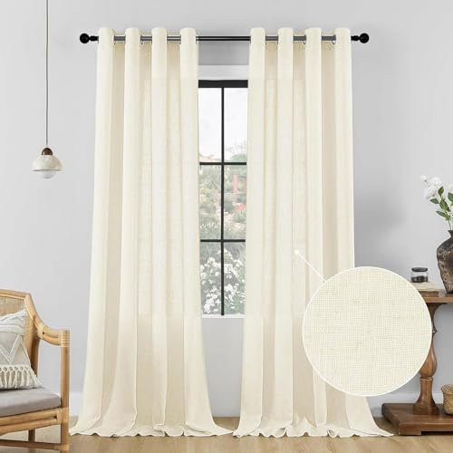 CUCRAF Linen Curtains Eyelet Sheer Net Voile 2 Panels 55 Width x 84 Drop Natural