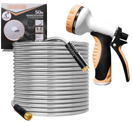 Floral Drip Garden Hose 75 FT, Metal Stainless Steel Water Hose with 10 Function Nozzles, No Kinks, Flexible Hose, Lightweight, Puncture Proof, Heavy Duty Hose for Yard and Outdoor