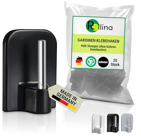 Rollina Ganchos Adhesivos para Visillos y Cortinas | Soporte Sin Taladrar para Barra | Gancho para Colgar en Ventana (20 Unidades, Negro)