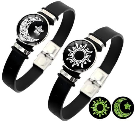 ZENRUIMING Sonne Mond Stern Nachtleuchtendes Armband Set für Damen und Herren - Schwarz Leder, Glas, One Size