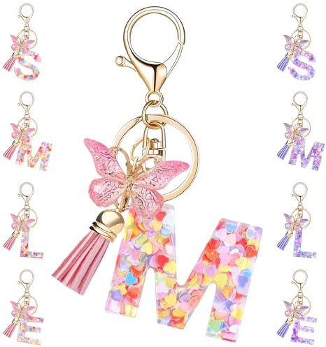 Porte Clef Avec Lettre Initiale Papillon M, Rose Porte Clé Femme Alphabet Porte Clef Voiture Lettre M Personnalisé Pour Femmes Filles Portefeuilles Sac à Main Charme Sac à Main Sac à Dos Charmes