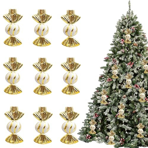 12Pcs Christmas Glitter Candy Ornaments,Plastic Xmas Candy Christmas Tree Pendant,Hanging Decoration for Xmas Nwe Year Winter Home Party Supplies (Gold)