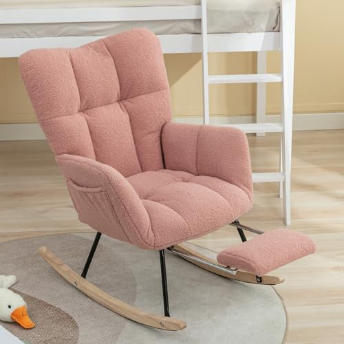 DEKKETO Schaukelstuhl mit Hocker, Gemütlicher Teddy Stillsessel zum Stillen, Schaukelsessel mit Fußstütze für Wohnzimmer Schlafzimmer, Bequeme Lesesessel für Kinderzimmer, Rosa