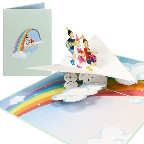 Sweetpopup® Pop Up Karte Regenbogen & Papierflugzeug – 3D Geburtstagskarte für Jungen & Mädchen – Glückwunschkarte zur Einschulung, Geburtstag oder Schulanfang – Geschenkkarte für Kinder, 101