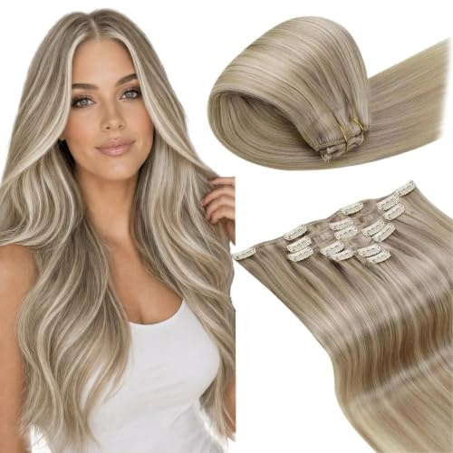 LaaVoo Clip in Extensions Echthaar Highlight Blond 60cm Extensions Echthaar Clip Glatt Natürliche Clips in Extensions Glatt Goldene Blond Mittelblond 7PCS 120g #16/22