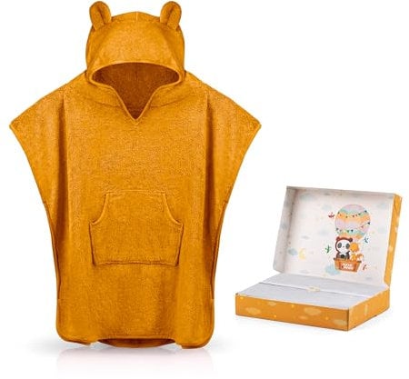 Fuchs&Panda® Badeponcho Kinder EXTRA warm, weich & kuschelig (100% Bambus) | Badeponcho Baby | Handtuch Poncho Kinder mit toller Geschenkverpackung (Lehm-braun)