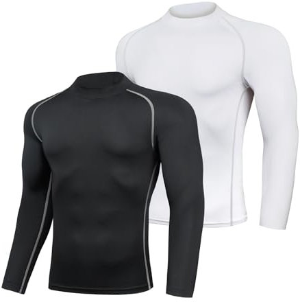 AMZSPORT Kompressionsshirt Herren Langarm 2er Pack Mock Neck Funktionsshirt Sportshirt Schnelltrocknend Laufshirt, Schwarz Weiß M