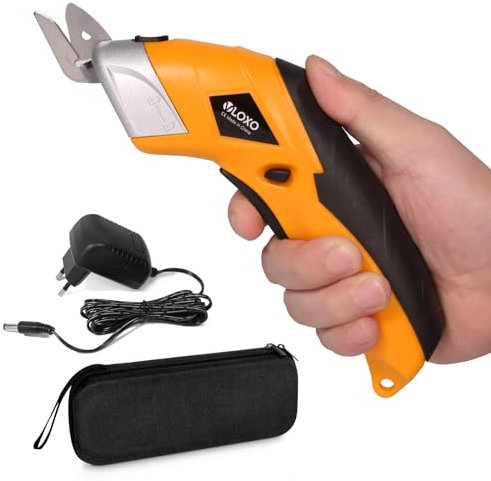 VLOXO Tijeras Electricas Carton con 2 Cuchillas de Corte Tijeras Eléctricas para Costura Cortar Cartón Cuero Alfombra Planta en Maceta Recargable Inalámbrico Tijera Electrica con Cargador- Amarillo