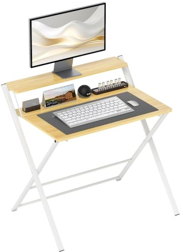 HOMCOM Compact Folding Desk Foldable 86 x 66 x 82 cm Maple Wood-effect | for Small Spaces, Foldable Computer Desk with Storage Shelf for Home Office, 2-Tier Study Writing Table