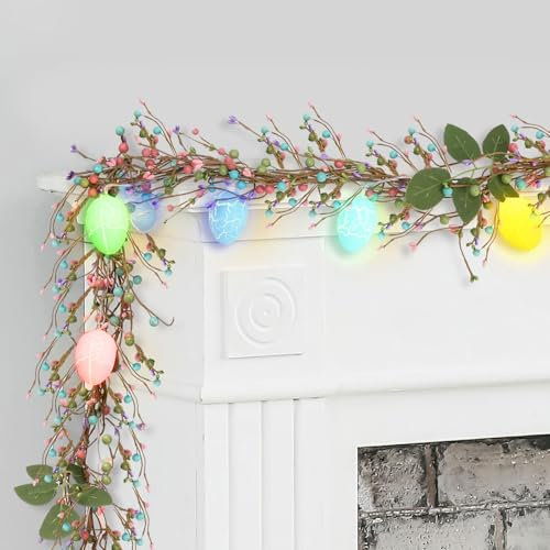 Ghirlanda pasquale con luci d'uovo e bacche miste, decorazione pasquale, ghirlanda di uova di Pasqua, catena luminosa per interni ed esterni, pieghevole, decorazione primaverile, ghirlanda pasquale
