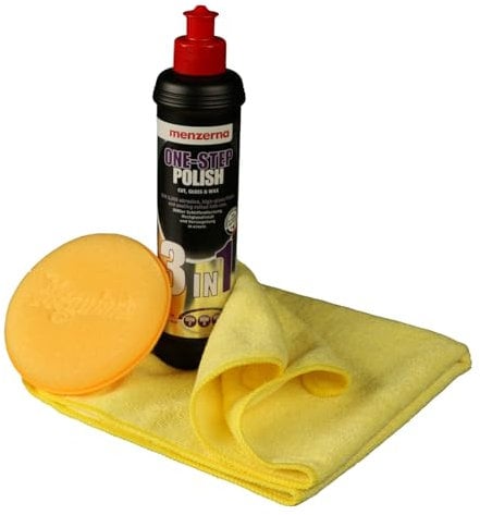 AllorA One-Step Polish Set - Auto Hand Politur Set - 3in1 Menzerna Politur (250ml) + Meguiar's Auftragsschwamm (Soft Foam Applicator Pad) + AllorA Mikrofasertuch (40x40cm)