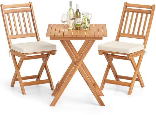COSTWAY Set Bistro da Esterno in Legno di Acacia, Tavolo e 2 Sedie Pieghevoli con Cuscini, Tavolo Portata 80 kg/Sedia Portata 180 kg (Modello 2)