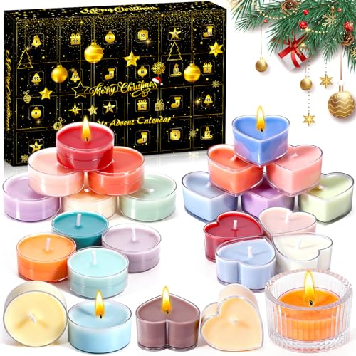 KDISHKRA Calendario de Adviento Velas 2025, Juego de Regalos de Velas Perfumadas con 24 Velas de Té Perfumadas y 1 Portavelas, Calendario de Navidad Regalo para Madre, Esposa, Hermana, Novia