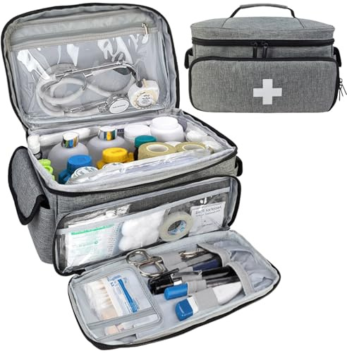 Arzttasche Medizintasche Mit Mehreren Fächern, Tragbar Reiseapotheke Tasche, Leere Notfalltasche, Medikamententasche Reise Für Schule, Reisen, Camping, Wandern Und Häusliche Pflege (Grau)