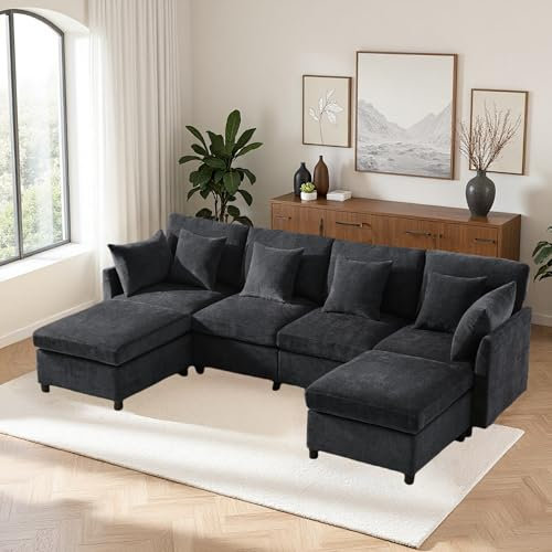 Zubaliya Canapé Moderne en Tissu Chenille avec Repose-Pieds Amovible,canapé 4 Places, canapé d'angle en U,adapté à la Maison, au Salon, à l'appartement,Gris