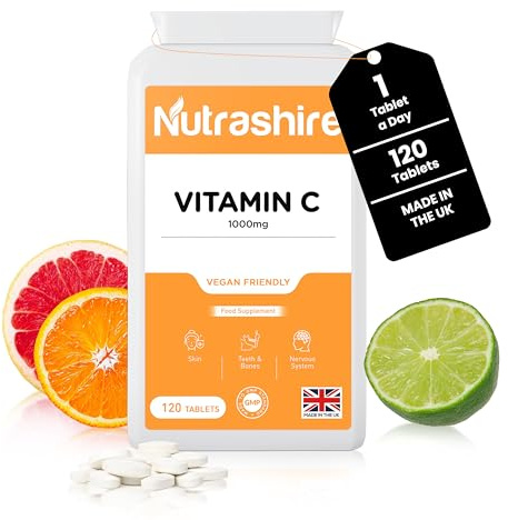Vitamin C Tablets 1000mg – 120 Vegan Tablets (4 Month Supply) – Gluten Free Vitamin C Supplements for Skin, Bones, Teeth, Fatigue and Immune Support – High Strength VIT C - Made in the UK
