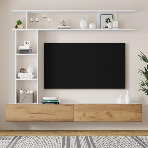 BTM 180x35x22cm TV Wohnwand-Set mit Vitrinen & Mediawand inkl & TV-Board & Standregal & Wandregal, TV Wohnzimmermöbel-Set, TV-Schrank, stehend & hängend, TV bis 80', Weiß + Holzfarbe