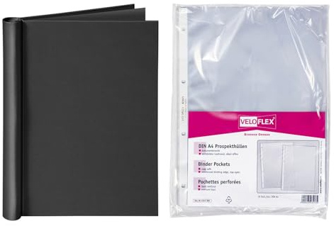 VELOFLEX - Klemmbinder DIN A4 Schwarz mit 10 Prospekthüllen | Glasklare Prospekthüllen, für bis zu 150 Blatt, Klemmmechanik ohne Lochen, strukturierter Kunststoffeinband