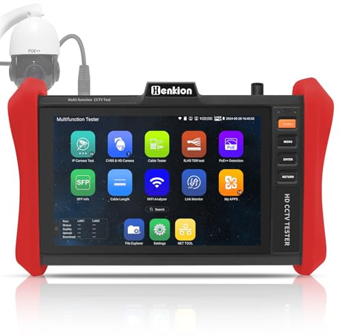 Henkion CCTV Tester 8 Zoll IPS Touchscreen Monitor E89, IPC Kameratester 4K 12MP IP Und 4K 8MP TVI CVI AHD CVBS Kameratests, 90W POE Stromausgang Netzwerk Kabeltester SFP RJ45 Tester, HDMI VGA Eingang