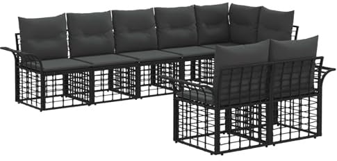 vidaXL Outdoor-Sofagarnitur 8 pcs Schwarz und Dunkelgrau Poly-Rattan, Garten und Terrasse, rustikales Sofa, wetterfestes Set, modulares Möbel für Lounge und Garten