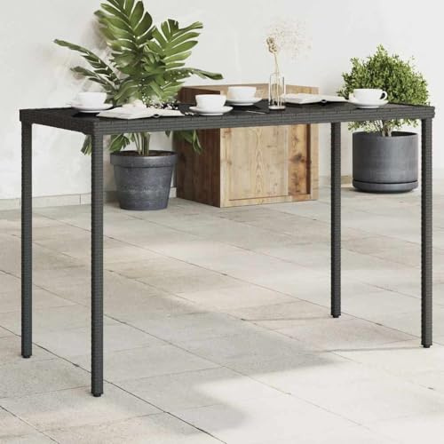 Yunovire Gartentisch mit Glasplatte Schwarz 115x54x74 cm Poly Rattan wetterfest UV-beständig pulverbeschichteter Stahl Outdoor Terrassentisch platzsparend für Balkon Veranda Garten