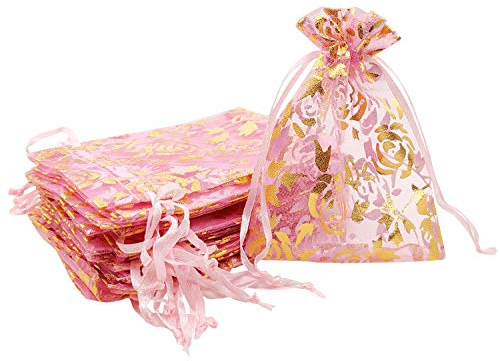 SumDirect 100 STK. 9 x 11 cm Zugband Organza Schmucktaschen mit Goldem Rosedruck Geschenktasche für Hochzeitsfeier und Festival (Rosa)