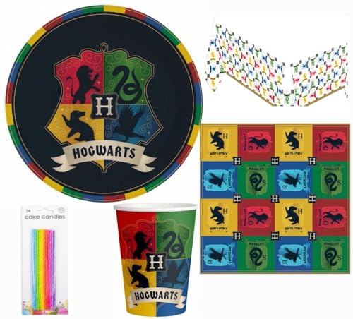 Potter Kit Harry 16 Enfants Complet Anniversaire (16 Assiettes, 16 gobelets, 16 Serviettes, 1 Nappe et 24 Bougies Extra Longues) fête