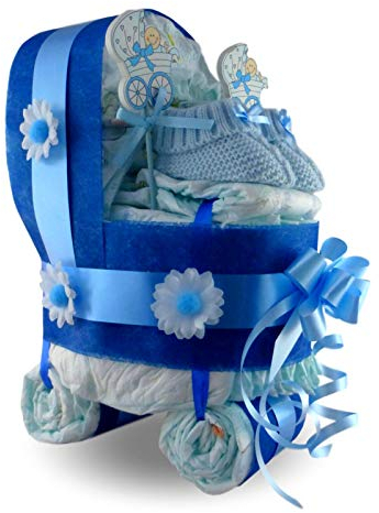 Tiernos Momentos Windeltorte Kinderwagen Für Ein Kind - 28 Dodot Windeln Größe 3 (4-10 kg), 1 Paar Baby Booties, 2 Picks, Geschenk für werdende Eltern